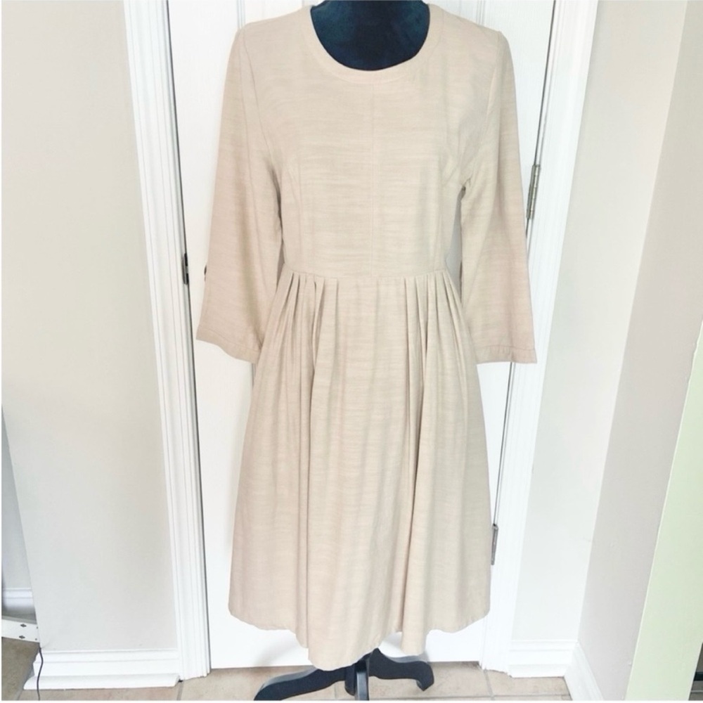 Mo:vint NY Textured Pleated Fit & Flare Midi Dress Beige Size Large